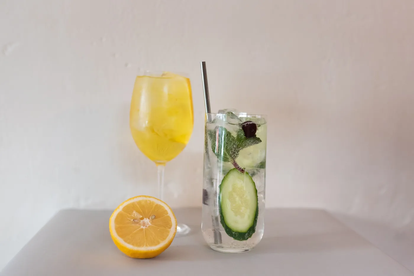 Unbranded citrus and cucumber drinks on a table