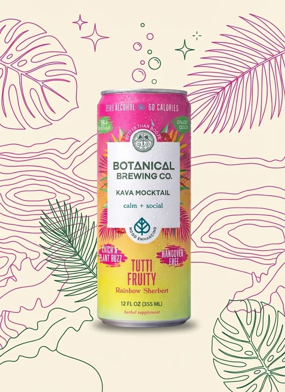Botanical Brewing Co. Kava Tutti Frutti can against an illustrated tropical background